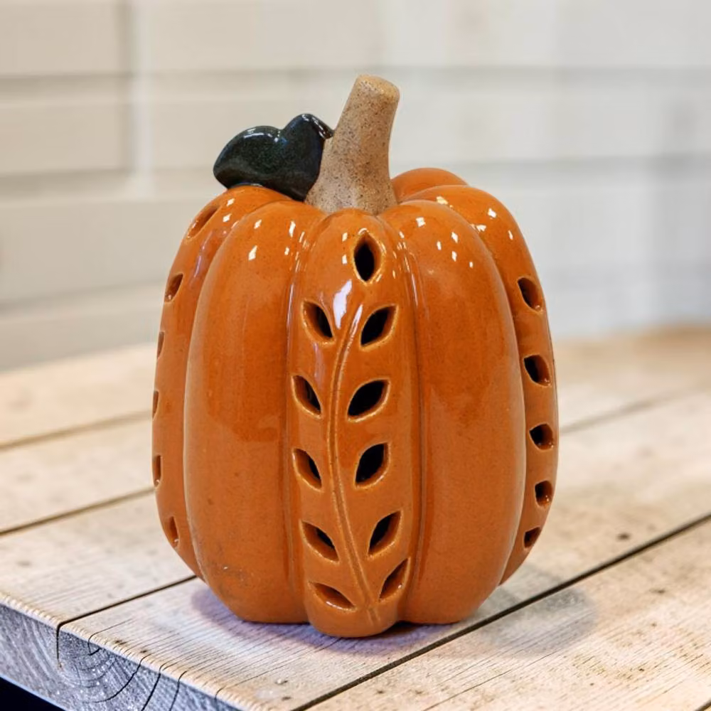 Four Candle Orange LED Pumpkin Porcelain Decoration with Green Leaf Detail – 2