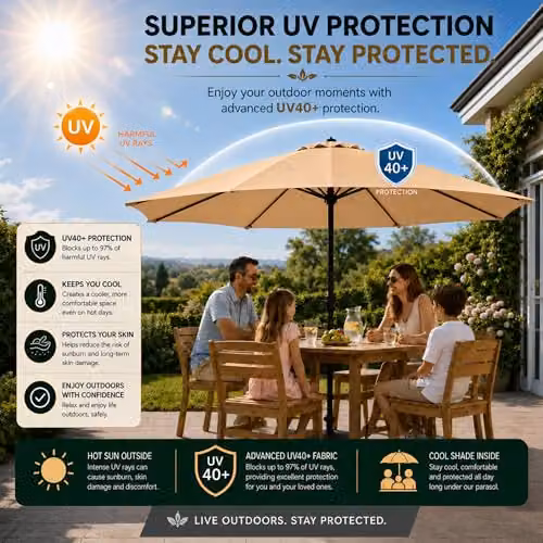 GlamHaus Garden Parasol Umbrella in Sand with UPF 40 Protection and Cover – 4