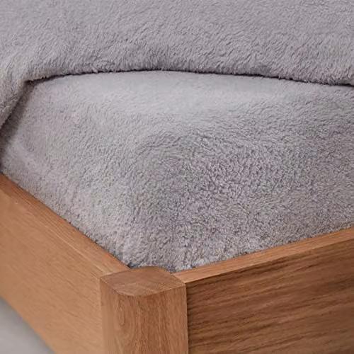 Brentfords Teddy Fleece Thermal Fitted Sheet, Grey Silver, 180 x 200 cm