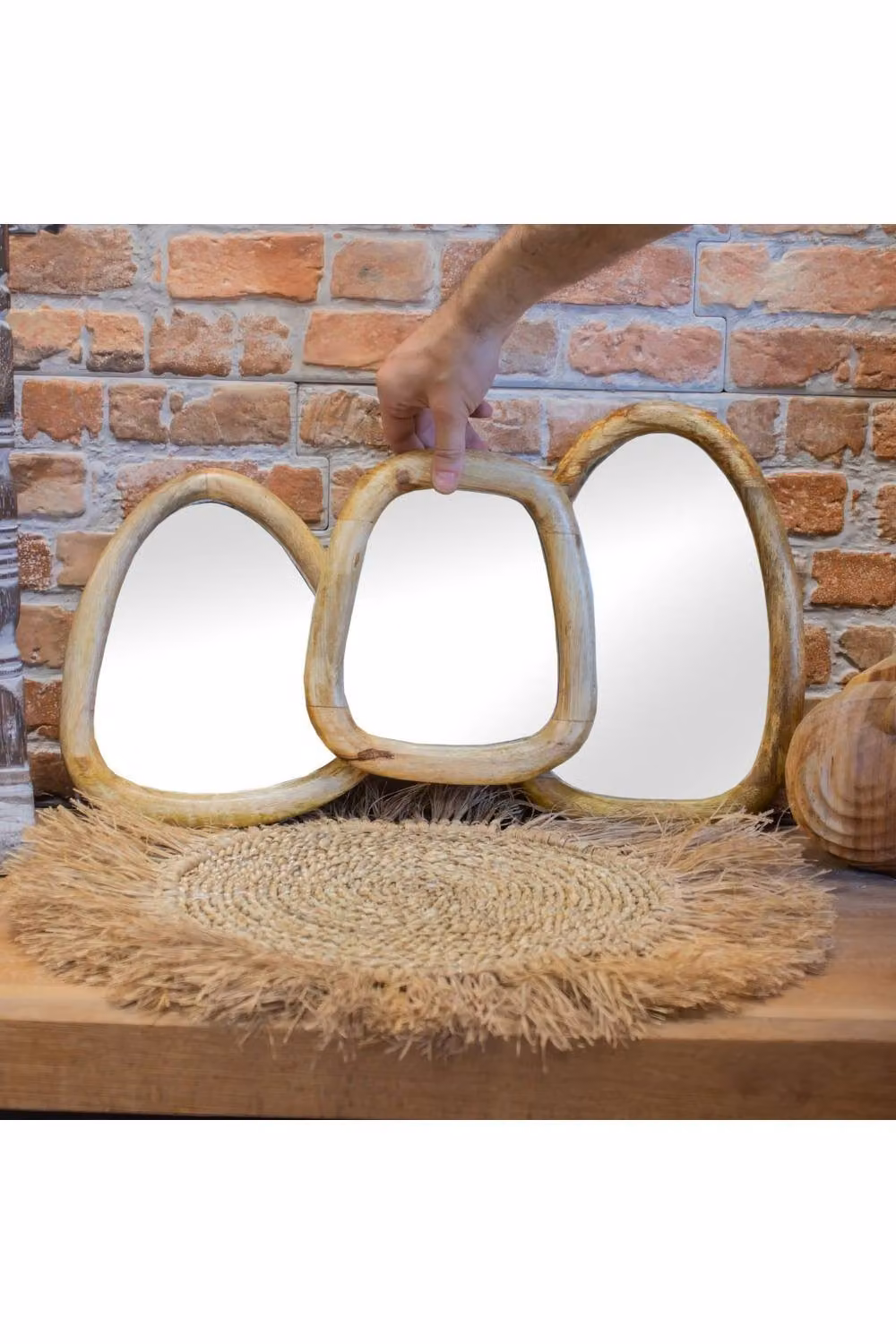 KDMD Set of 3 Pebble Shaped Modern Wall Mirrors in Brown Light Wood Finish – 2