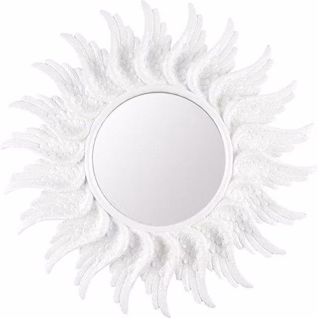 KDMK Round Glitter Angel Wing Wall Mirror, White, Diameter: 47 cm