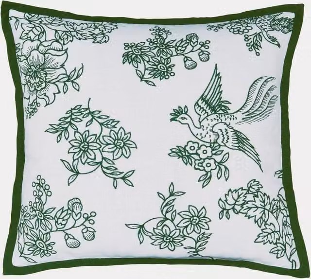 Bedeck of Belfast Burleigh Pure Cotton Hibiscus Embroidered Square Cushion in Green and White Mix