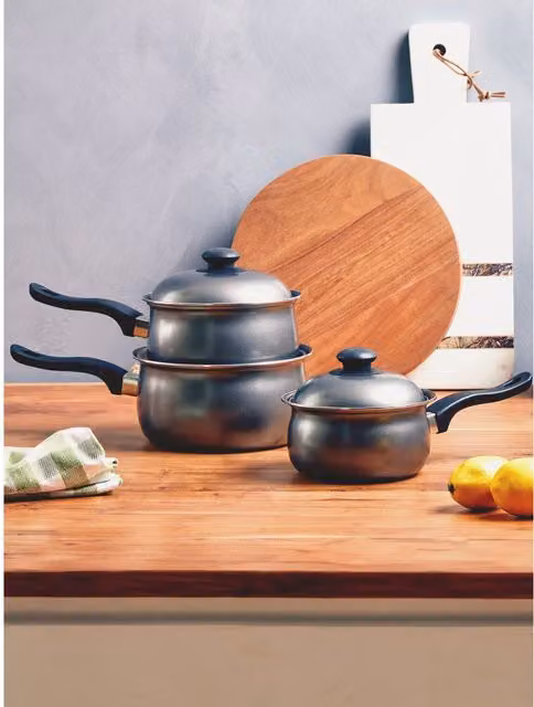 Orsina 3 Piece Non-Stick Carbon Steel and Stainless Steel Saucepan Set with Lids, Black and Silver – 1
