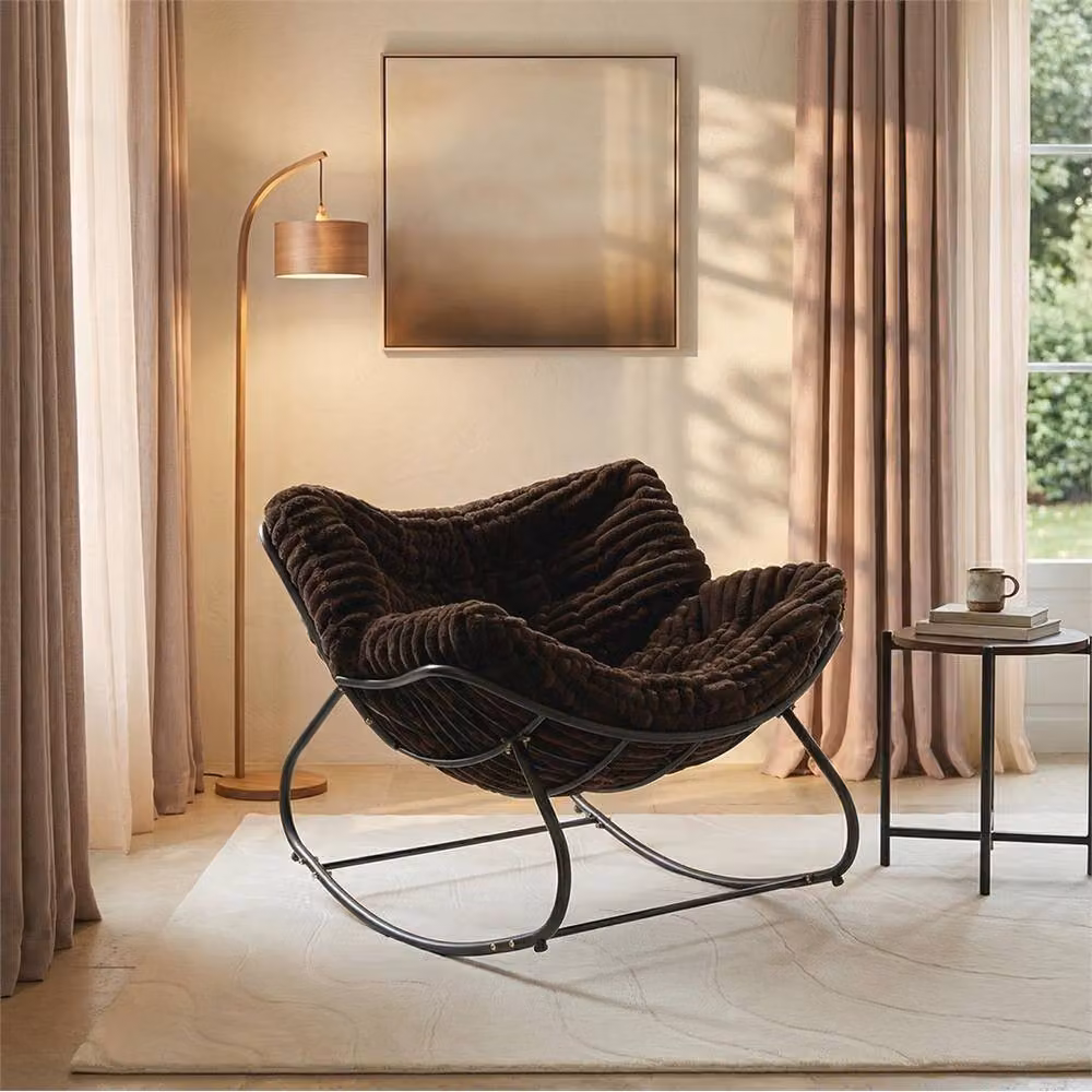 PAWNORA Modern Rocking Chair with Faux Fur Microfibre Upholstery and Metal Frame in Brown – 4
