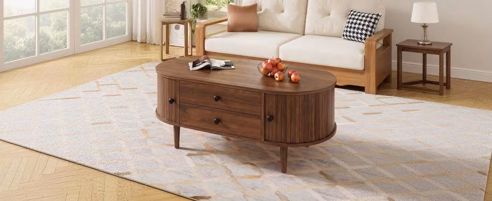 BTM Retro Oval Coffee Table with Sliding Doors, 2 Drawers and Wood Legs in Walnut Brown – 3