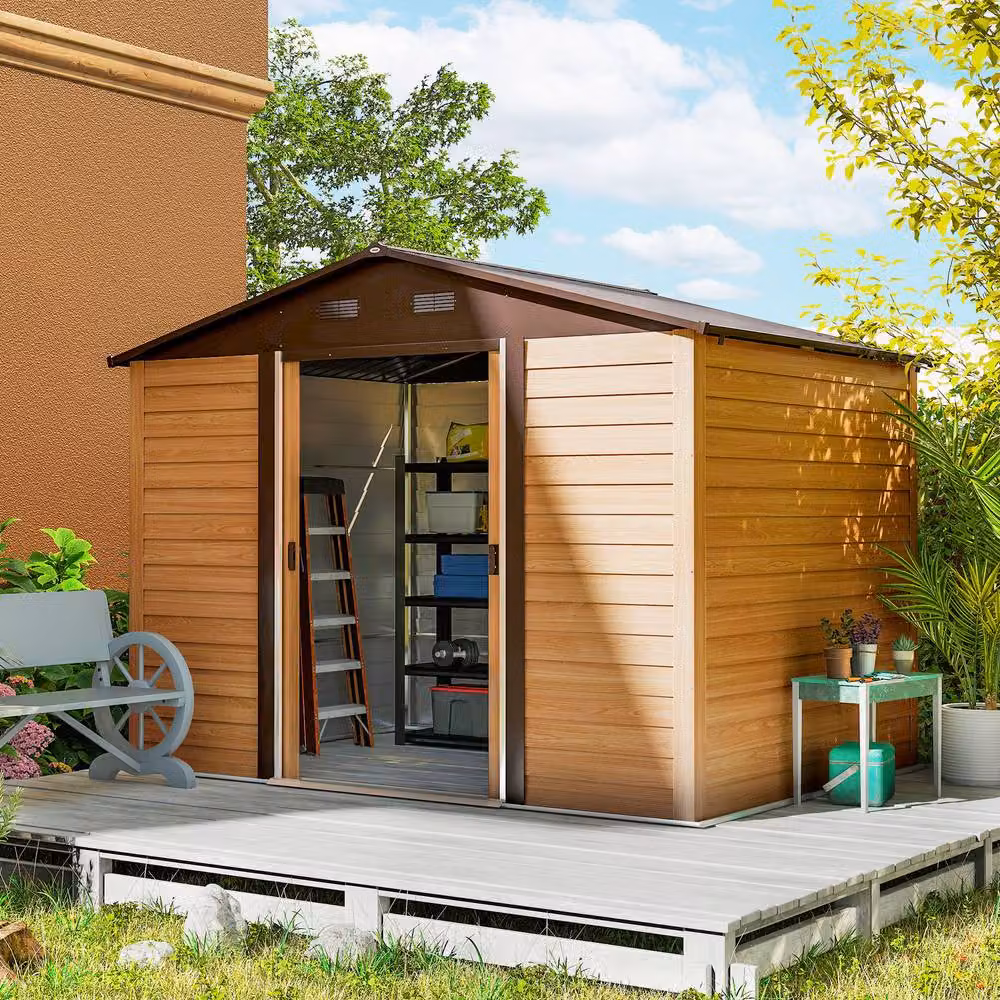Rolipo Galvanised Steel Gable Shed in Brown Wood Effect, W: 274.3 cm, D: 182.9 cm, H: 215.0 cm – 3
