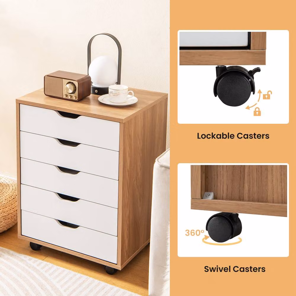 Costway 5 Drawer Rolling Storage Cabinet Mobile Wooden Chest of Drawers in Natural – 3