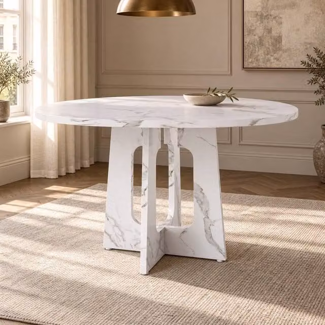 AKI HAUS Round Dining Table in White Marble Effect, Diameter: 120 cm, Height: 76 cm
