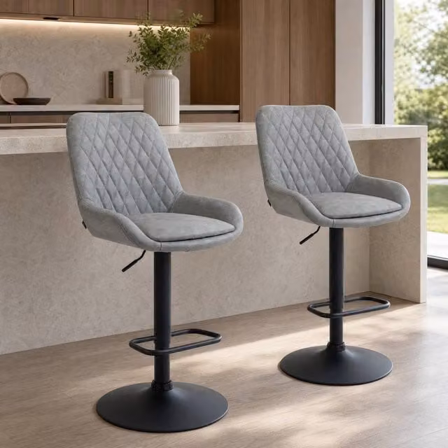 STILVORA Set of 2 Grey Synthetic Leather Bar Stools with 360 Degree Swivel and Adjustable Height