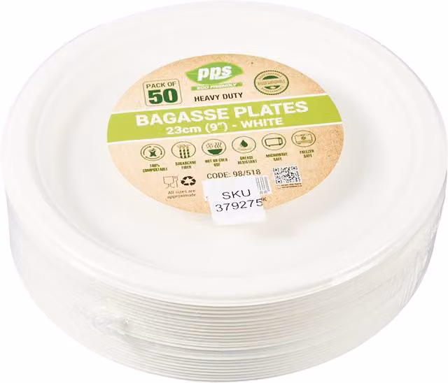 PPS ECO White Compostable Bagasse Plates, 23 cm, Pack of 50