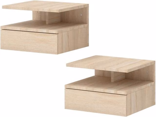 Kelvenix Set of 2 Modern Floating Bedside Tables with Drawer, Oak, Light Brown, W/D/H: 30 x 30 x 34 cm