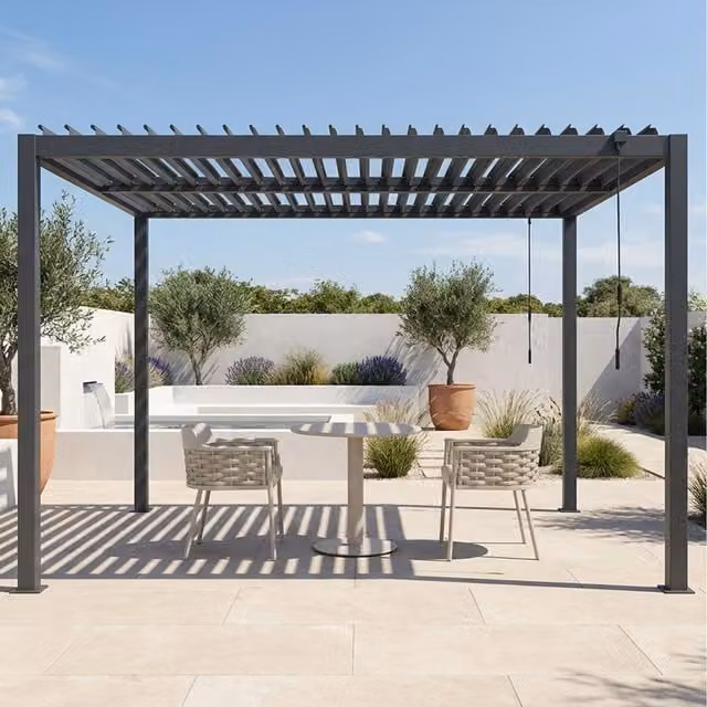 Royalcraft Pure Manual Louvered Roof LED Pergola in Anthracite Grey, W: 300 cm x D: 300 cm