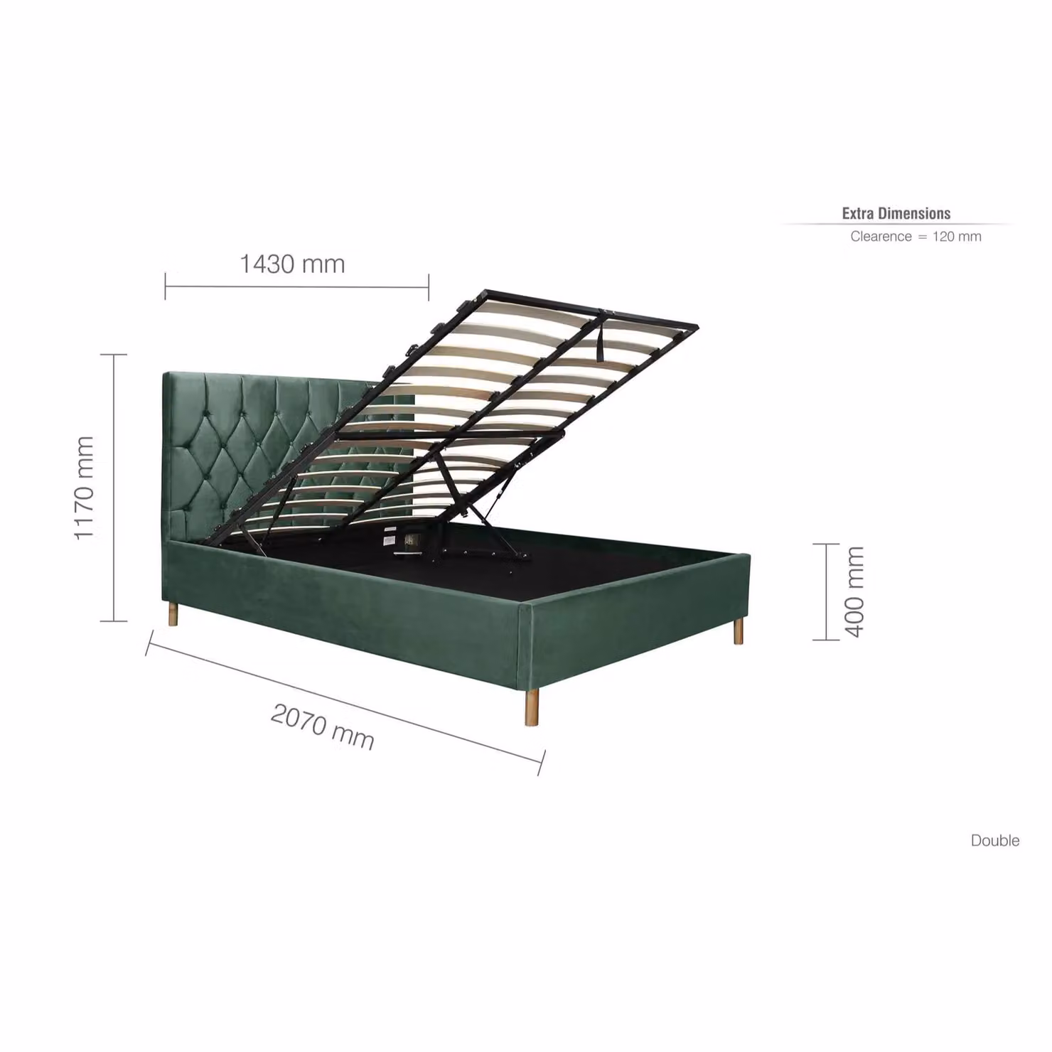 Birlea Loxley Green Velvet Fabric Ottoman Bed Frame, Small Double 120 x 200 cm – 6