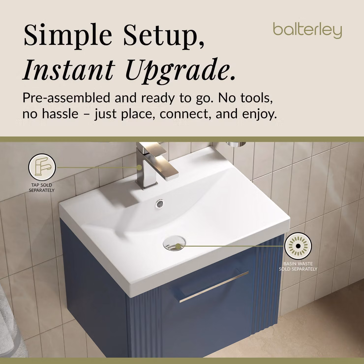 Balterley Wall Hung 1 Drawer Vanity Unit with Thin-Edge Basin, Satin Blue, Width: 50 cm – 4