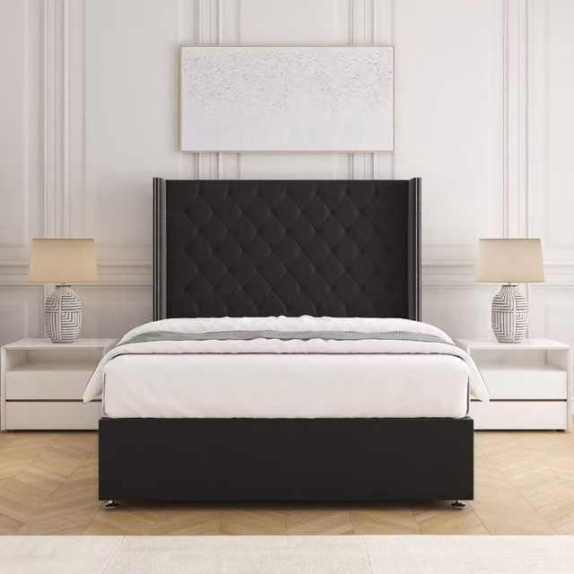 BSSPOKE Olivia Plush Velvet Divan Bed Set with Headboard and Mattress in Black, Single, W/D/H: 90 x 190 cm