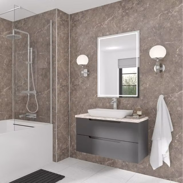 Wetwall Marmo Venezia Stone Look Laminate Wall Panel, Grey, W: 88.0 cm, H: 242.0 cm, D: 1.1 cm