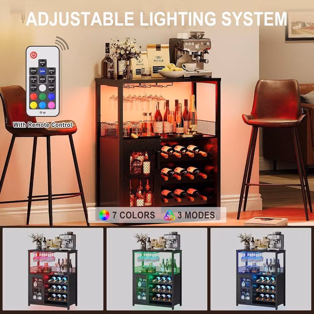 London Boutique Black Industrial Freestanding Wine Cabinet with Integrated LED Lighting, Bottle Rack and Glass Holder – 5