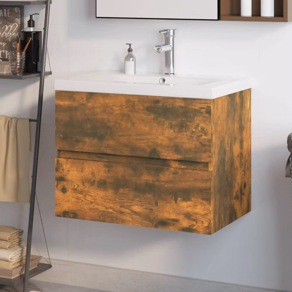 Berkfield Home Wall Mounted Bathroom Sink Cabinet with Built-in Basin in Smoked Oak Brown, W/D/H: 60.0 x 38.5 x 45.0 cm – 2