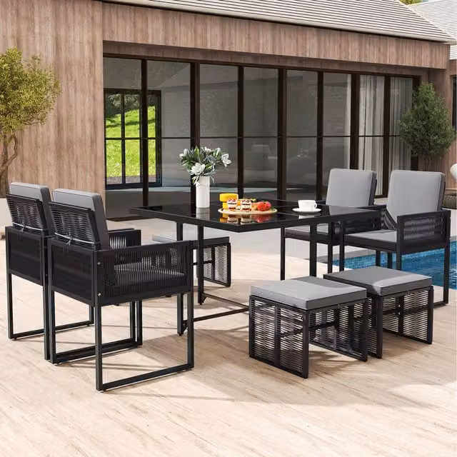 Costway 9 Piece Grey Rattan and Metal Patio Dining Set with Glass Top
