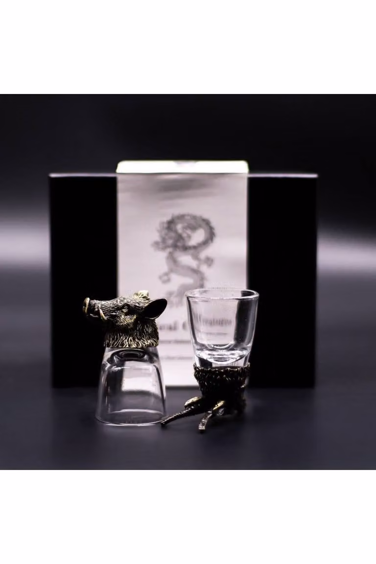 KDMD Wild Forest Creatures Shot Glass Set, 6 x 50ml Transparent and Antique Bronze Glass Shot Glasses