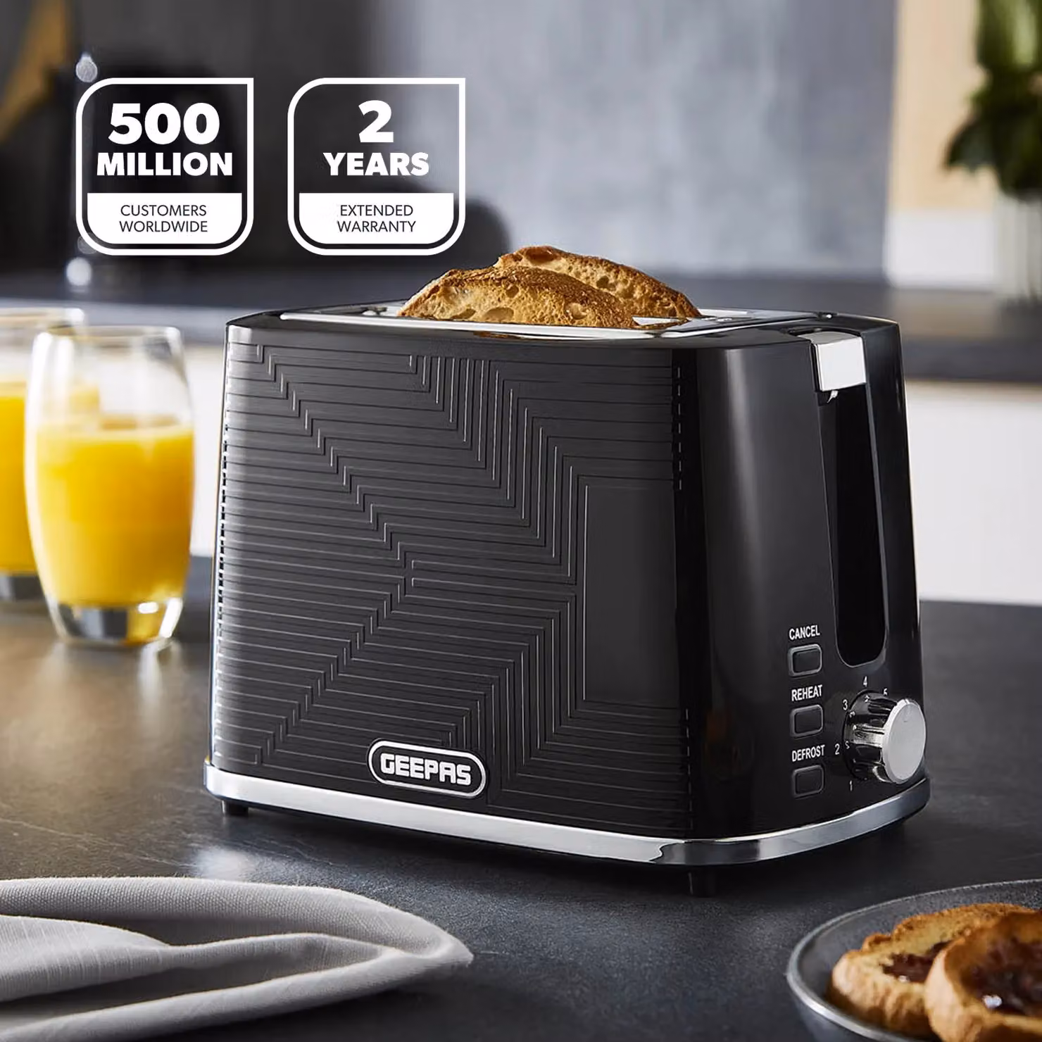 Geepas Opus Collection 2 Slice Bread Toaster with 7 Level Browning Control and Crumb Tray, Black – 2