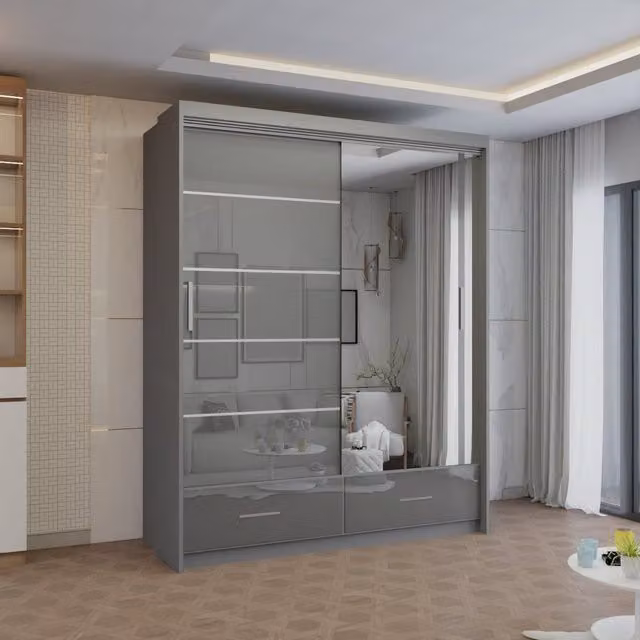 Sliding Wardrobes 4U Modern High Gloss Grey Sliding Wardrobe with Integrated LED Lighting W/H: 150 x 220 cm