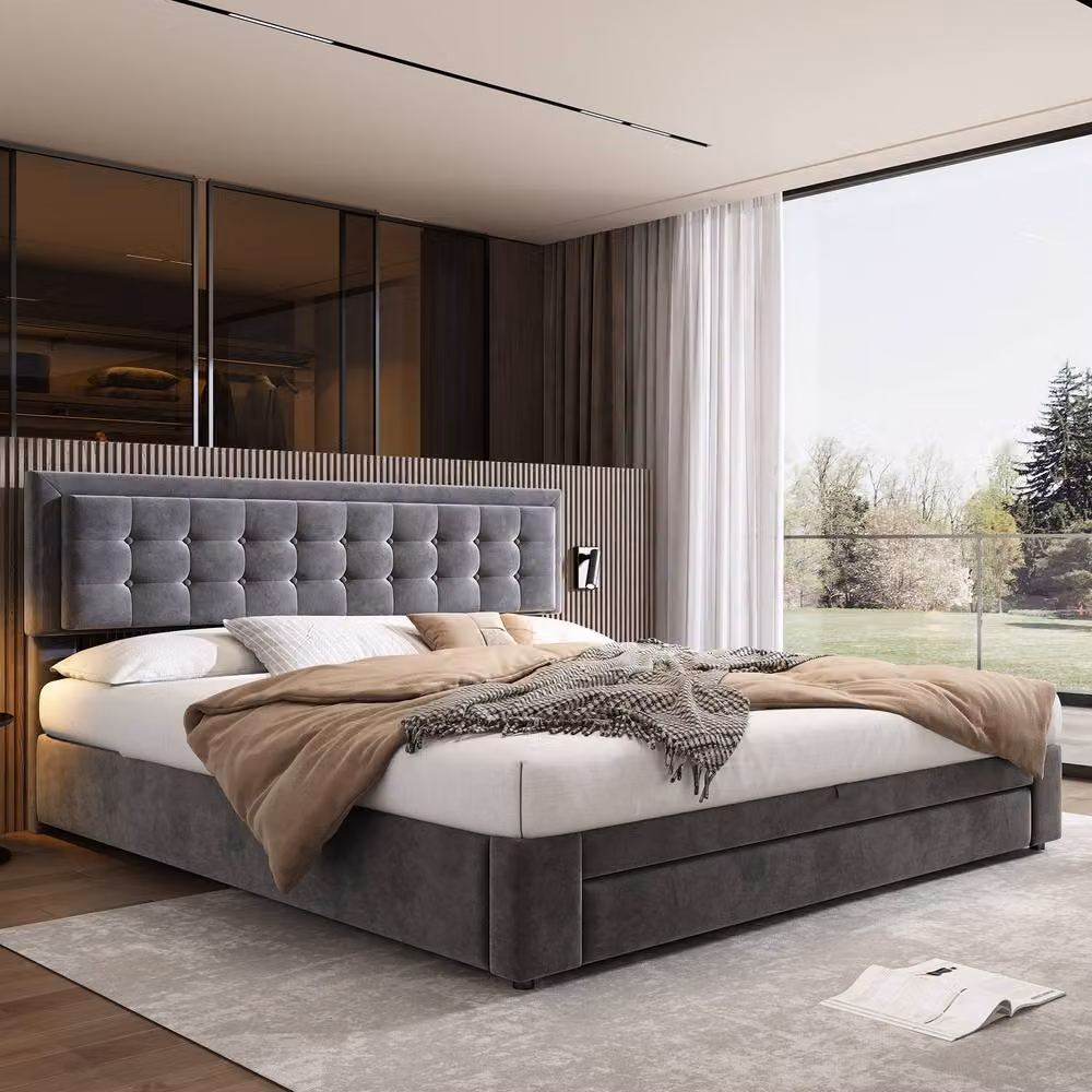 Rolipo Grey Velvet Upholstered Storage Bed Frame with Lift Up Base, W/D/H: 180 x 200 cm – 3