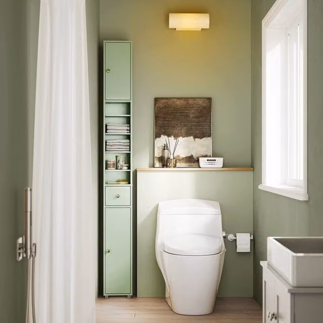 SoBuy Slim Green Bathroom Tall Cabinet with Soft-Close Hinged Doors and Internal Shelves, H: 180 cm – 1