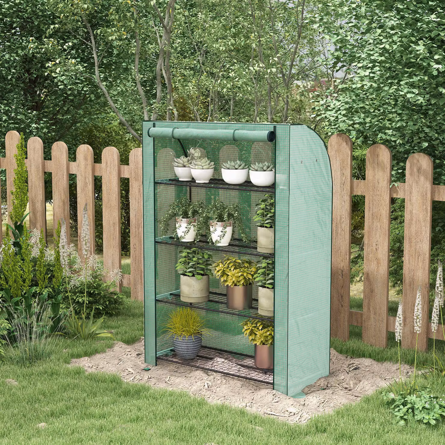 Outsunny 4 Tier Portable Mini Greenhouse with PE Reinforced Cover and Roll-up Door, Green, H 170 x W 120 x D 50 cm – 2