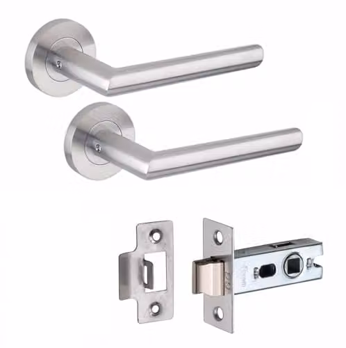 Golden Grace Mitred Door Handles on Round Rose with Latch in Satin Nickel