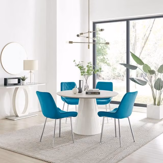 FurnitureboxUK Palma Beige Stone Effect Round Dining Table and 4 Pesaro Silver Chairs in Blue