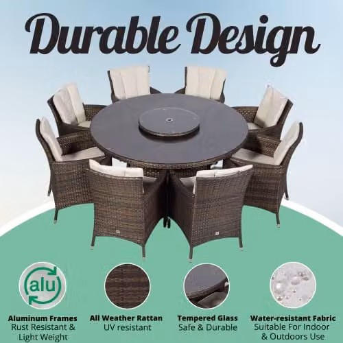 Giardino Savannah 8 Seater Rattan Garden Dining Set with Round Table, Chairs, Parasol and Cover, Brown – 2
