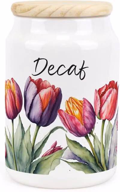 Purely Home Tulips Floral Ceramic Decaf Storage Canister in Purple and White