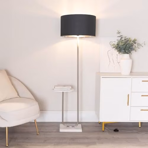ValueLights Tavel Brushed Chrome Metal Floor Lamp with Black and Chrome Inner Shade and Warm White Bulb – 2