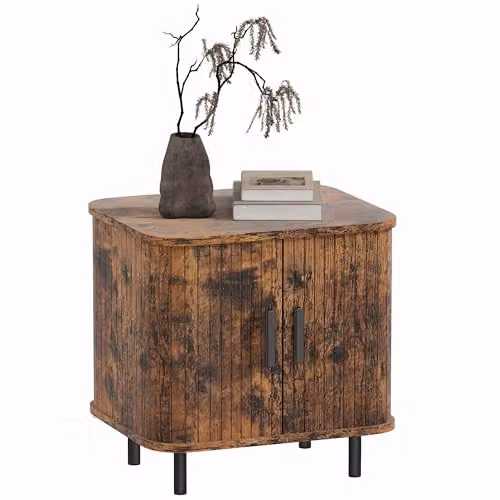 HOMCOM Scandinavian Bedside Table with Sliding Doors and Metal Legs in Brown, W: 40 cm, D: 30 cm, H: 48 cm – 1