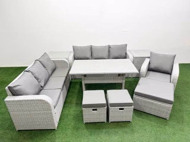 Fimous 10 Seater Poly Rattan Outdoor Garden Furniture Set in Grey with Rectangular Dining Table, 3 Seater Sofas, Reclining Chairs and Stools