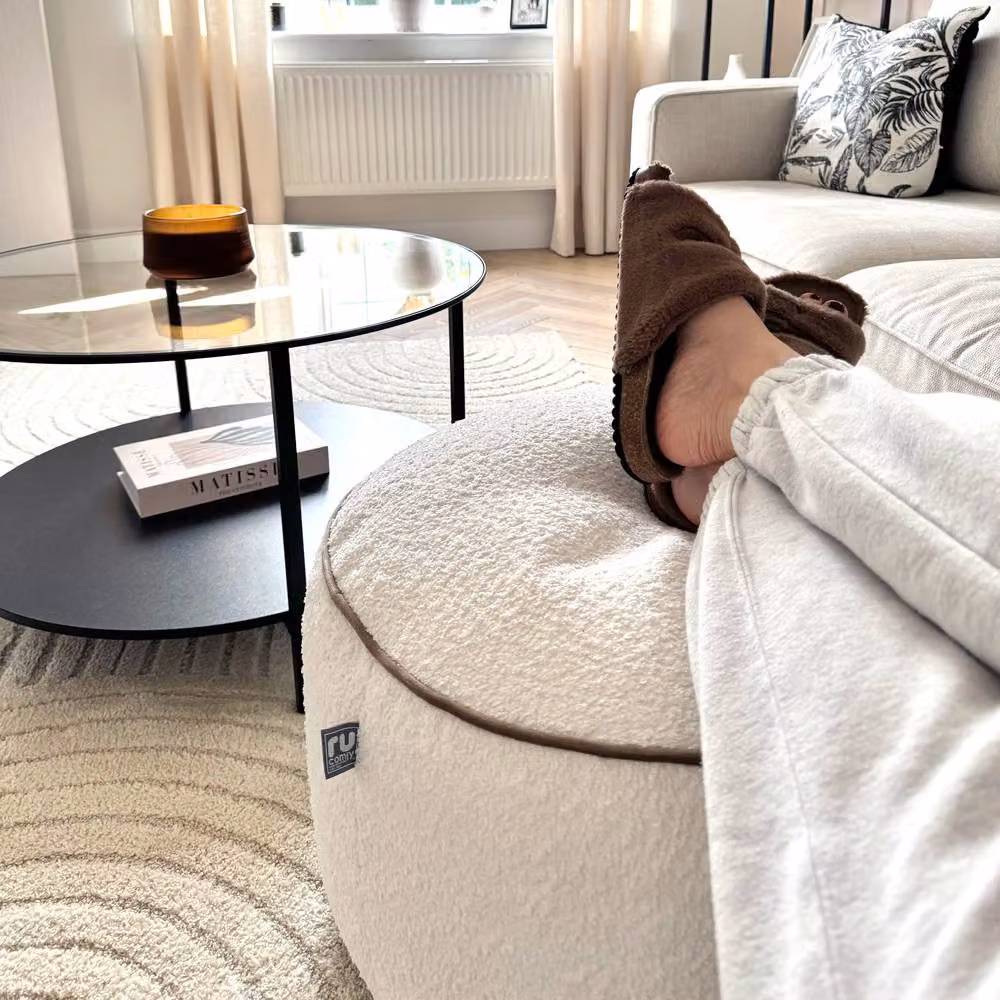 rucomfy Indoor Bean Bag Pouffe Snug Drum Footstool in Beige Bouclé Fabric – 2
