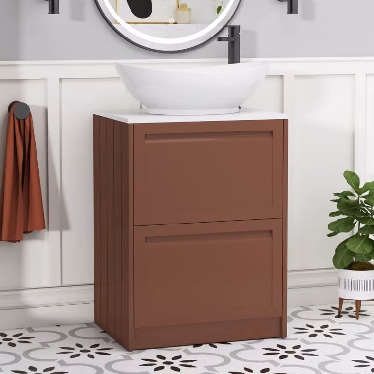 Royal Bathrooms Elmore 600mm Terracotta Clay Floor Standing Vanity Unit with 2 Drawers, Plain White Worktop and Amaze Basin