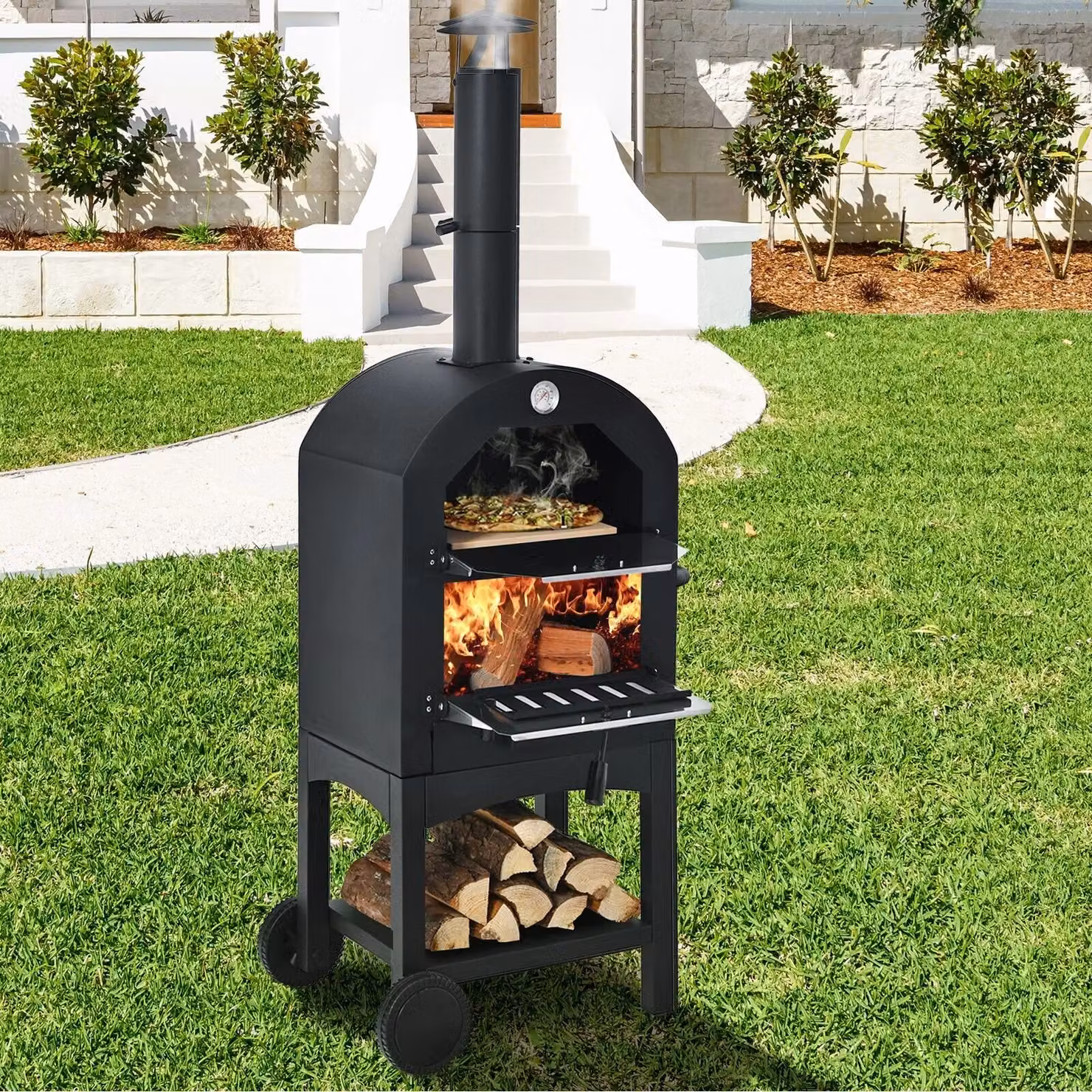 Costway Wood-fired Outdoor Pizza Oven with Pizza Stone and Waterproof Cover, Black – 3