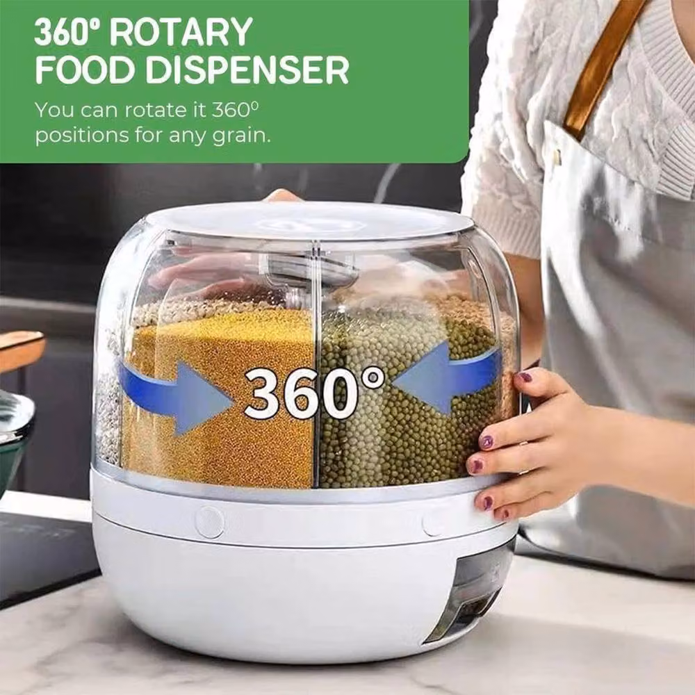 NESTLUNE 360 Degree Rotating 6-Grid Cereal and Rice Grain Dispenser in Transparent Plastic – 3