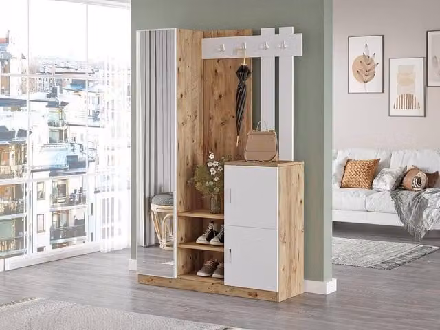 Vente-unique MIROTA 3-Door Wardrobe with Mirror in White and Light Oak