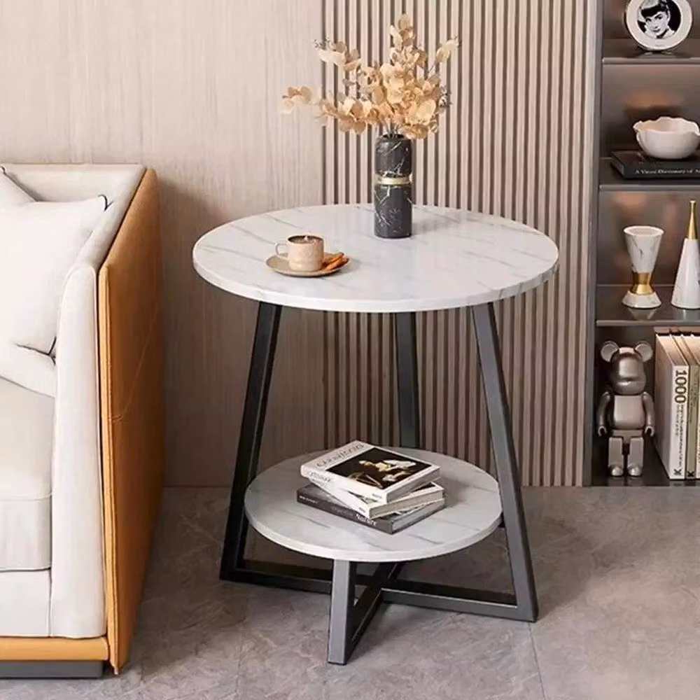 SPETLEK Marble Effect Round Side Table in White and Black with Glossy Finish – 4