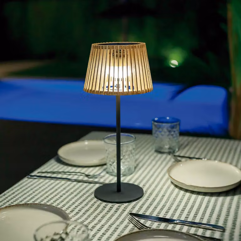 Okinawa Table Solar Powered Lamp in Brown Bamboo and Metal with Remote Control and Dimmable Warm White Light