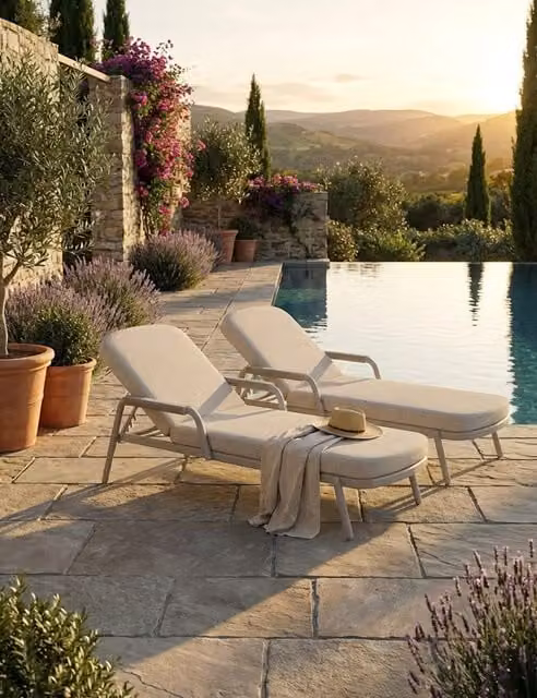 Royalcraft Haze Set of 2 Sun Loungers in Beige with Powder Coated Aluminium Frames and Adjustable Headrests