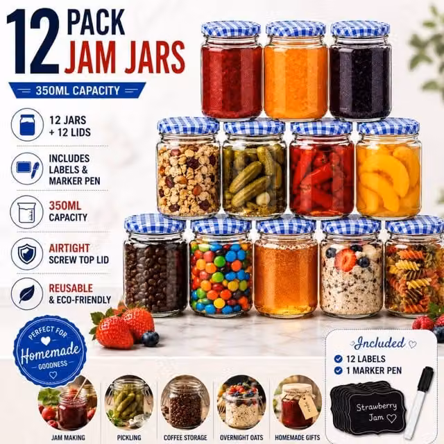 Volila 12 Pack Round Glass Jam Jars with Labels and Pen, Blue, 350ml per jar