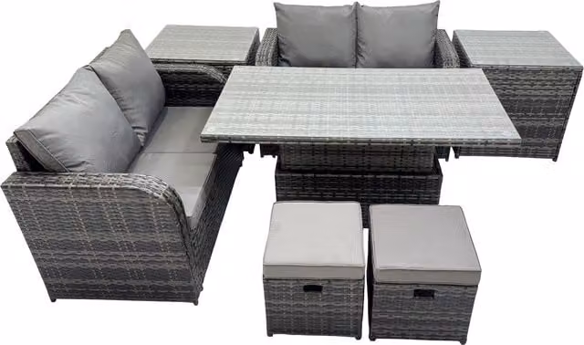 Fimous 6-Seater Rattan Patio Set with Adjustable Lift Table and Cushions in Dark Grey