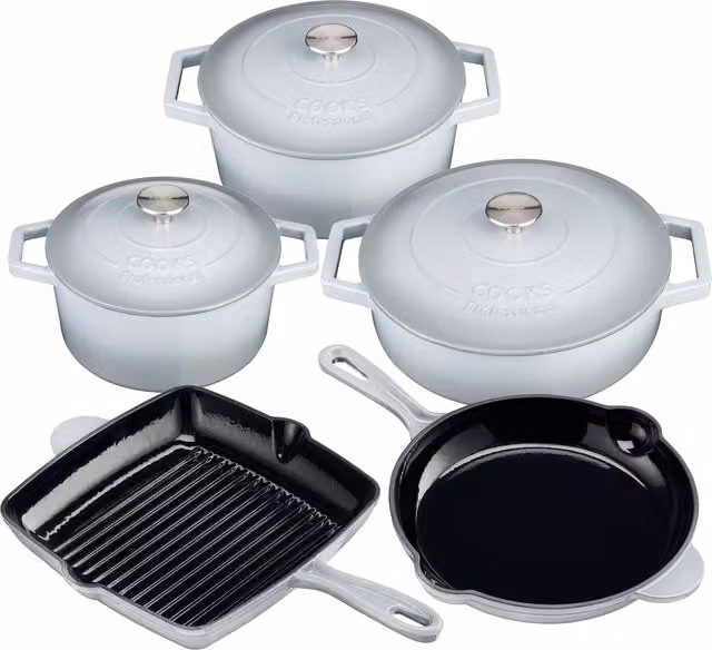 Cooks Professional 5 Piece Enamelled Cast Iron Casserole Dish, Frying Pan and Skillet Set in Grey – 1
