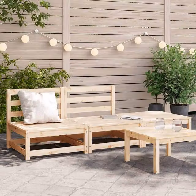 Berkfield Home Armless Garden Sofa and Matching Ottoman in Natural Solid Pine Wood