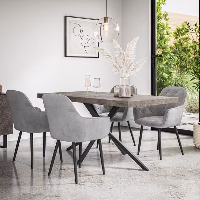 More4Homes Donni Dining Set with Concrete Effect Rectangular Table and 6 Anika Velvet Chairs in Grey and Black