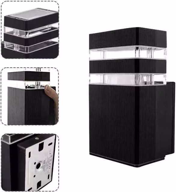 VOGREX Modern Black Rectangular Outdoor LED Up Down Wall Light with Transparent Glass
